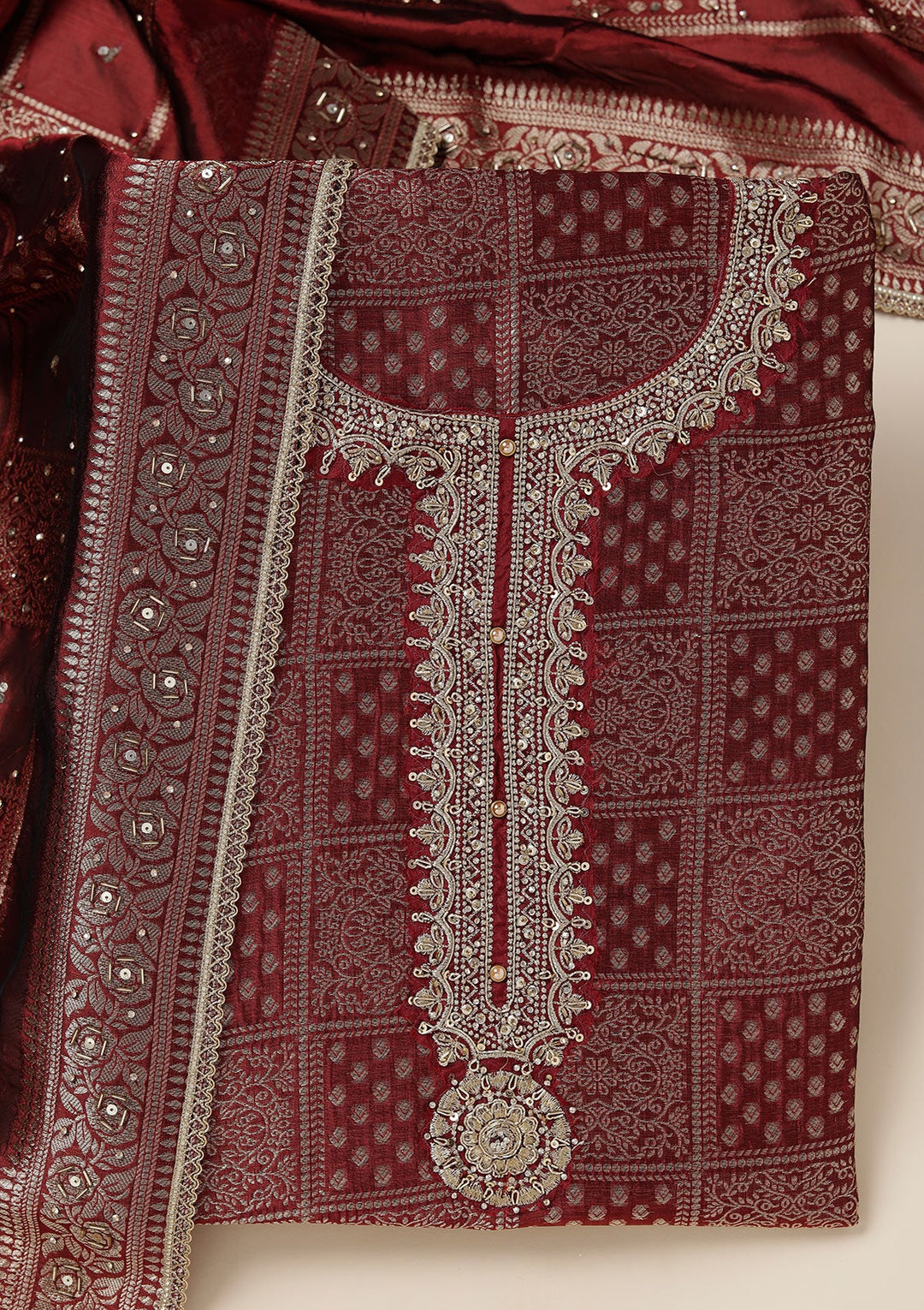 Maroon Zariwork (Gold) Brocade Unstitched Salwar Suit_koskii