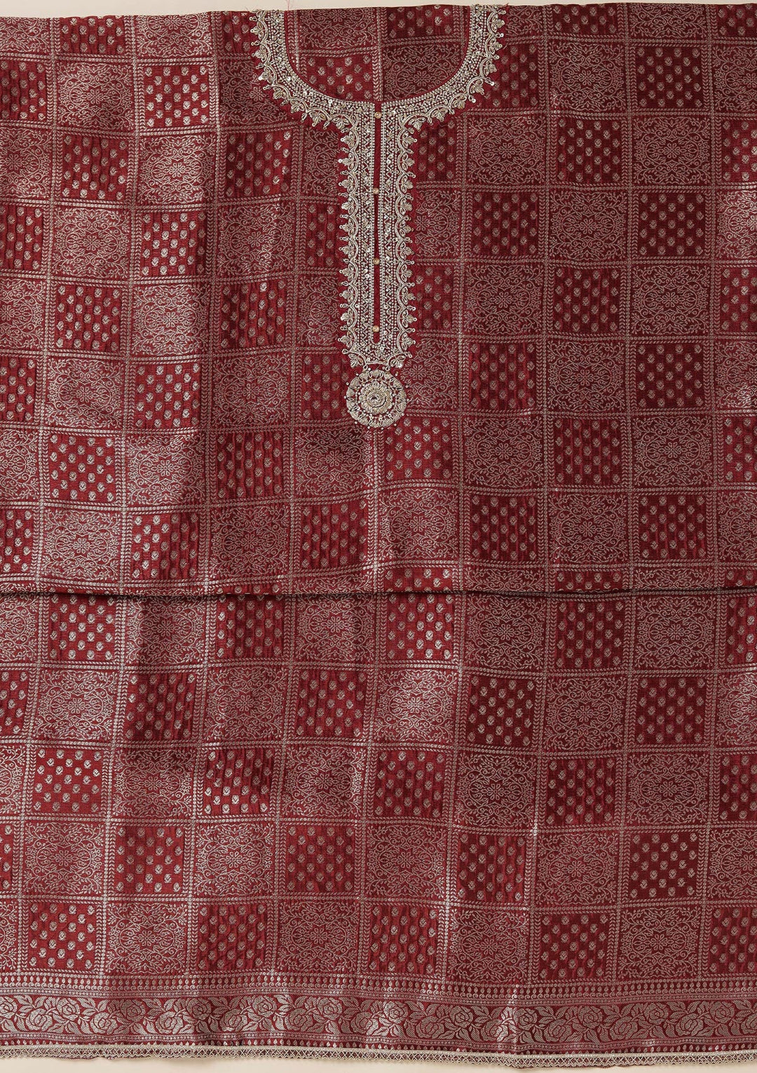 Maroon Zariwork (Gold) Brocade Unstitched Salwar Suit_koskii