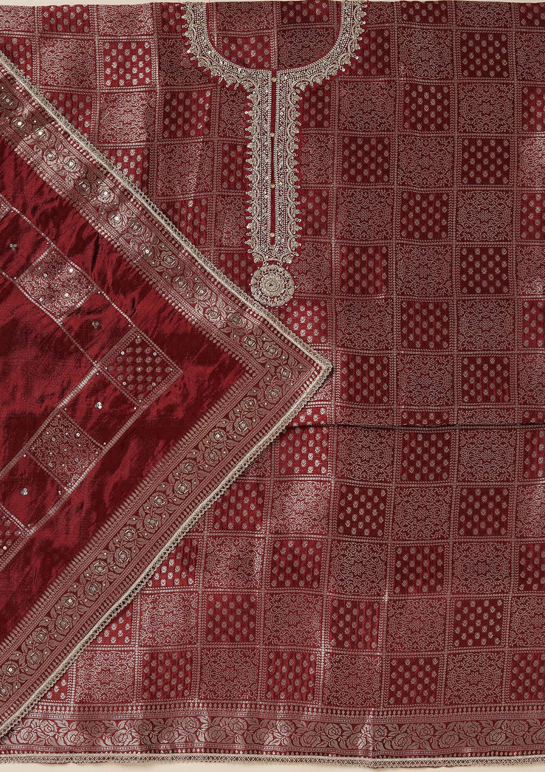Maroon Zariwork (Gold) Brocade Unstitched Salwar Suit_koskii