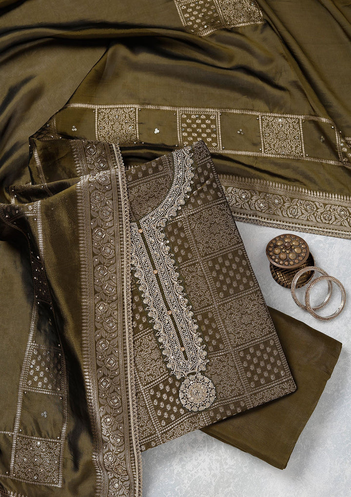 Mehendi Zariwork (Gold) Brocade Unstitched Salwar Suit_koskii