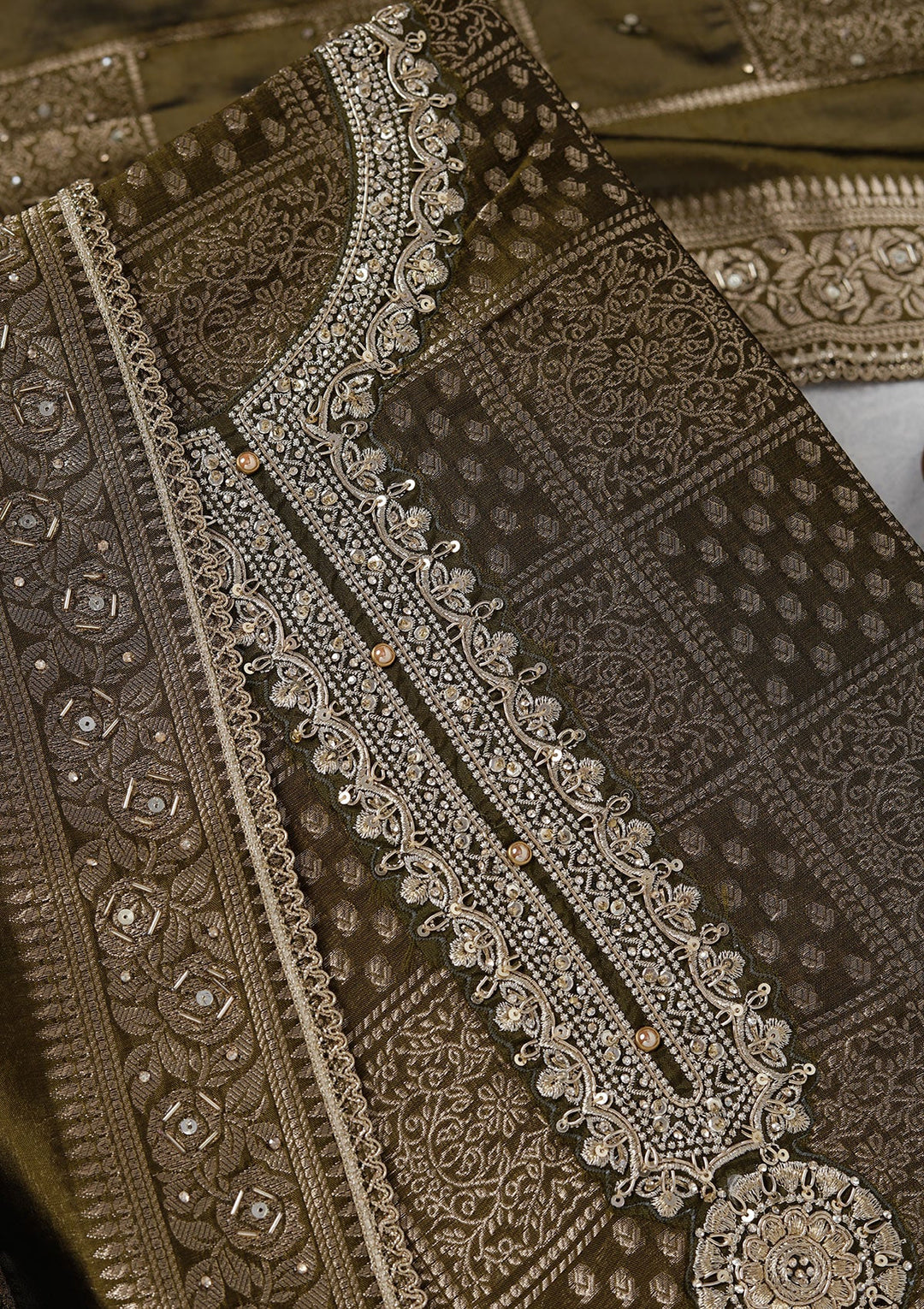 Mehendi Zariwork (Gold) Brocade Unstitched Salwar Suit_koskii