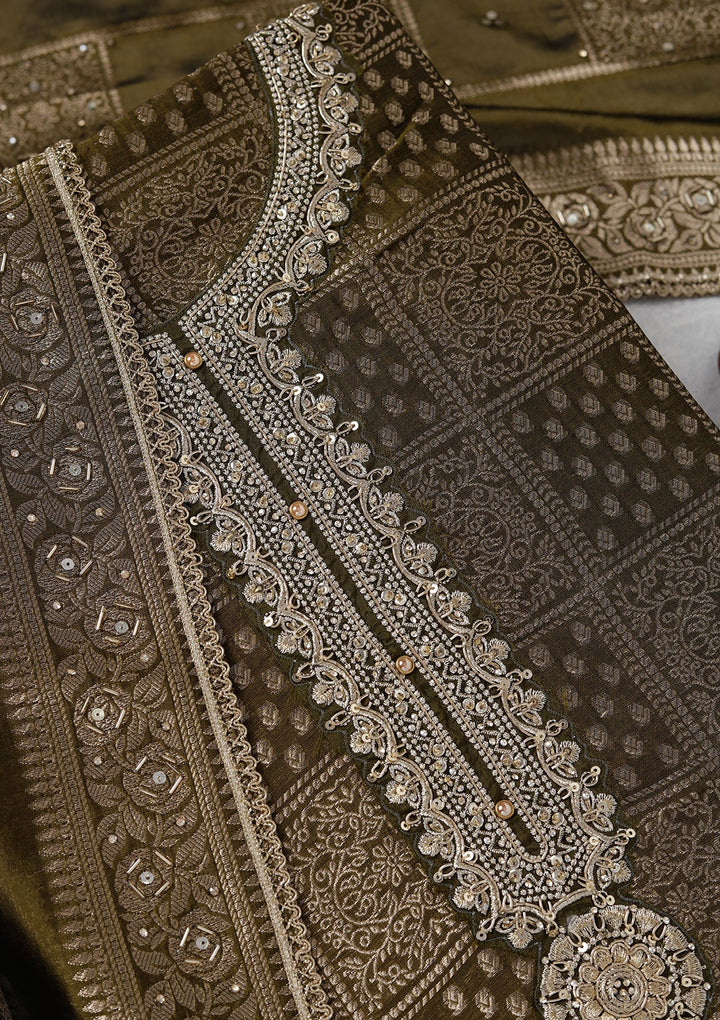 Mehendi Zariwork (Gold) Brocade Unstitched Salwar Suit_koskii