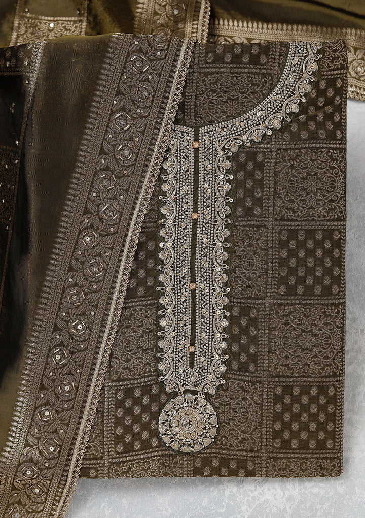Mehendi Zariwork (Gold) Brocade Unstitched Salwar Suit_koskii