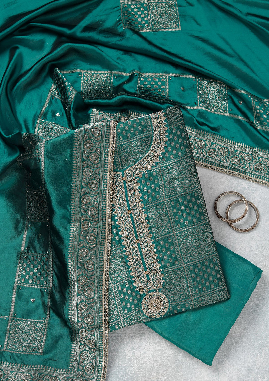 Turquoise Blue Zariwork (Gold) Brocade Unstitched Salwar Suit_koskii