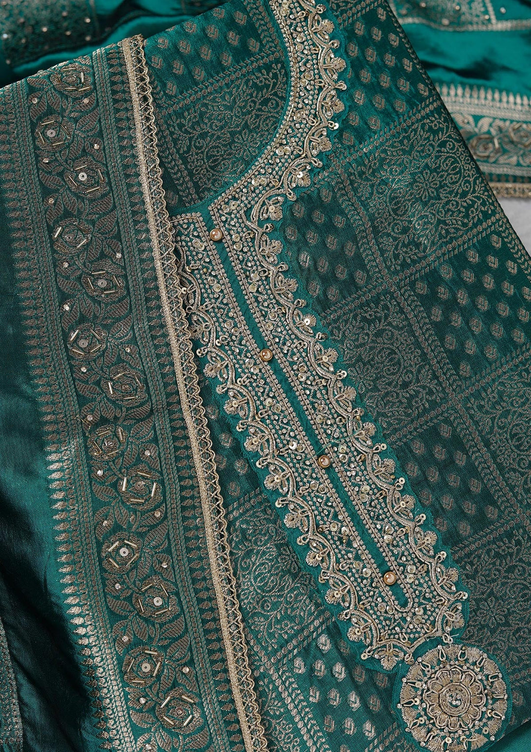 Turquoise Blue Zariwork (Gold) Brocade Unstitched Salwar Suit_koskii