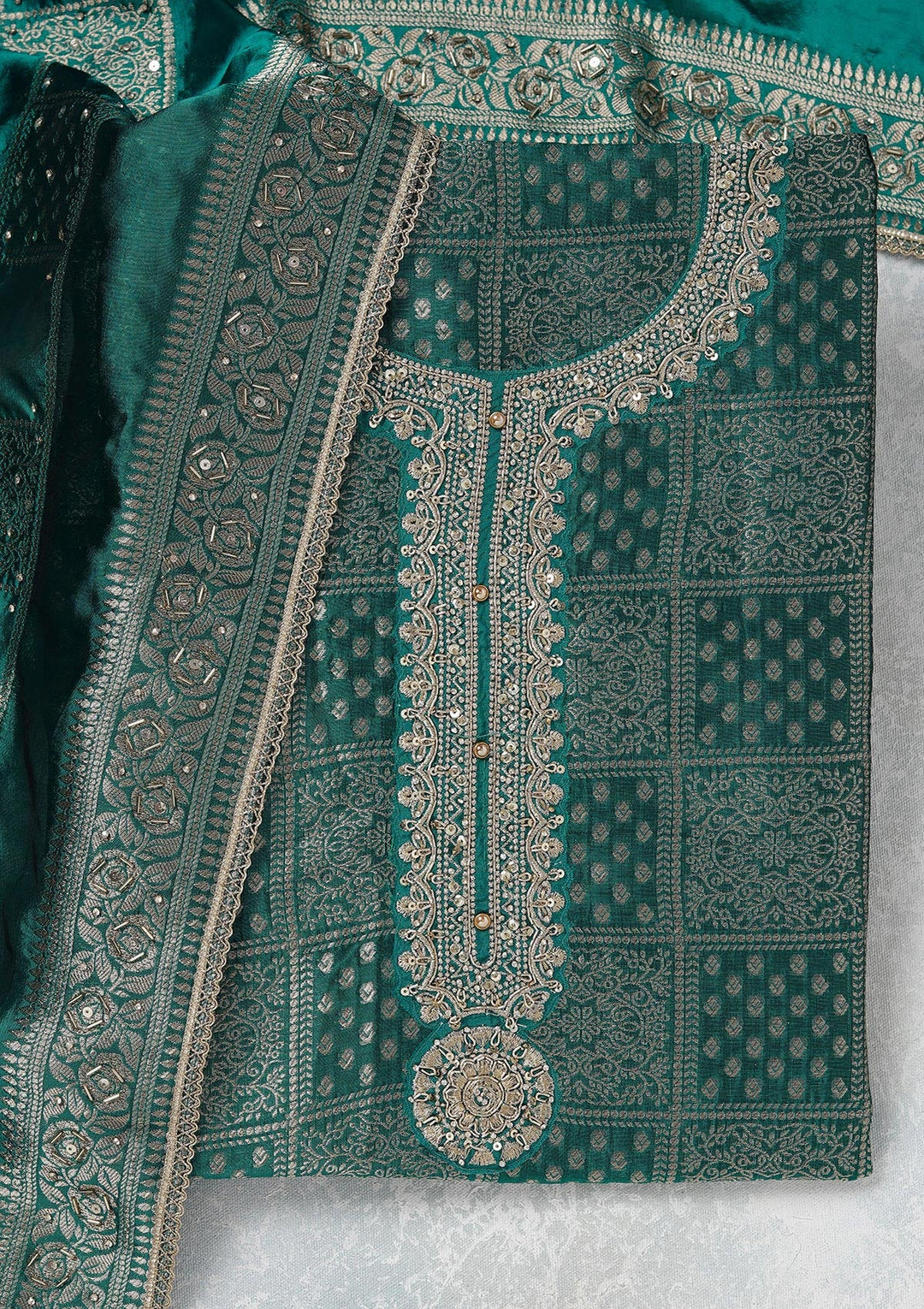 Turquoise Blue Zariwork (Gold) Brocade Unstitched Salwar Suit_koskii