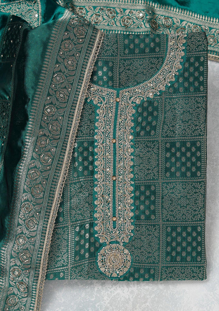 Turquoise Blue Zariwork (Gold) Brocade Unstitched Salwar Suit_koskii