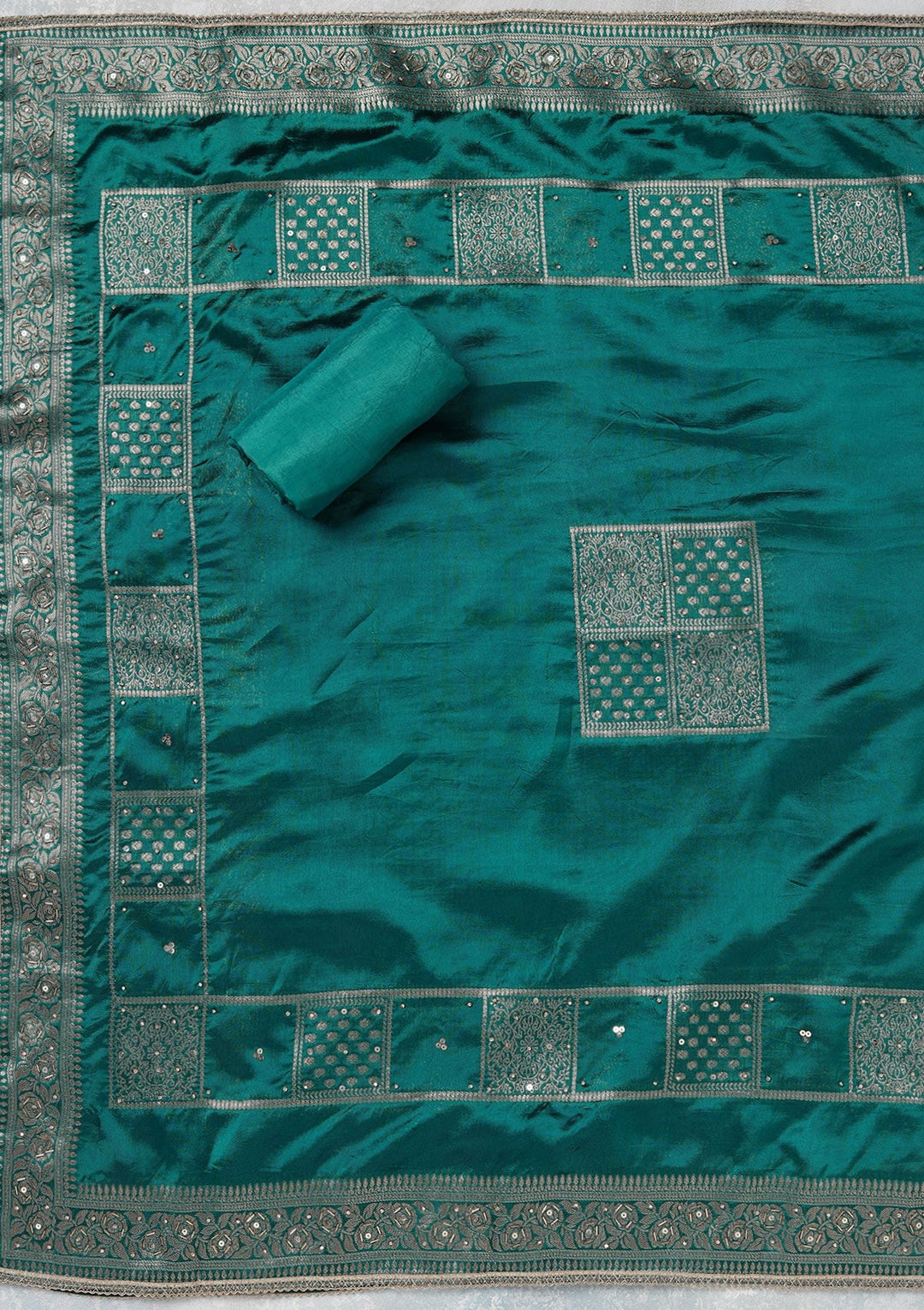Turquoise Blue Zariwork (Gold) Brocade Unstitched Salwar Suit_koskii