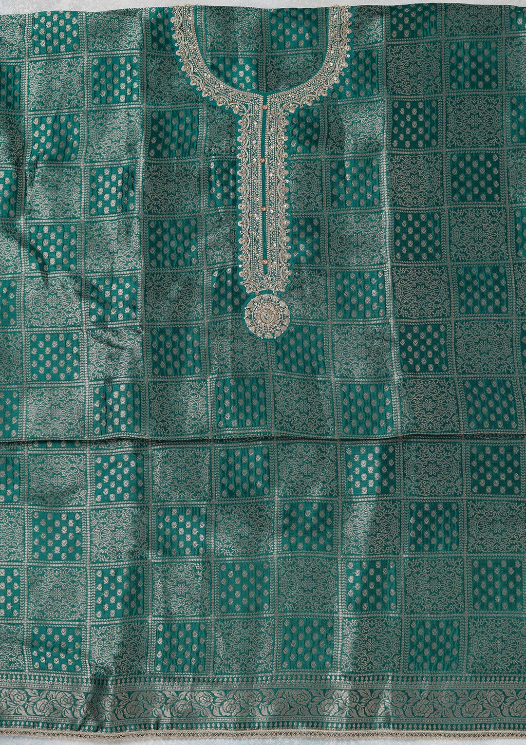 Turquoise Blue Zariwork (Gold) Brocade Unstitched Salwar Suit_koskii