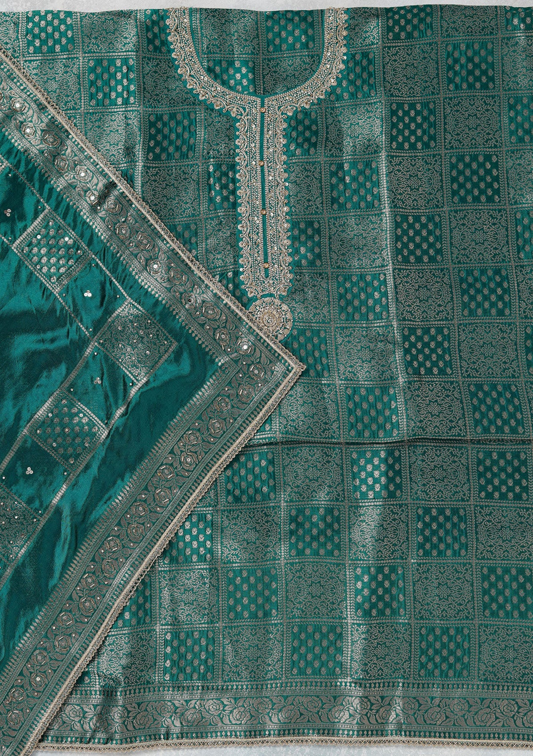 Turquoise Blue Zariwork (Gold) Brocade Unstitched Salwar Suit_koskii