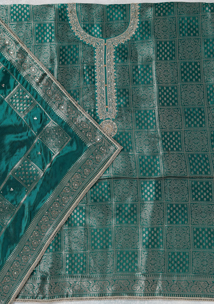 Turquoise Blue Zariwork (Gold) Brocade Unstitched Salwar Suit_koskii