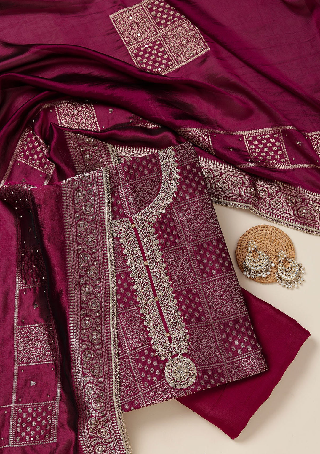 Wine Zariwork (Gold) Brocade Unstitched Salwar Suit_koskii