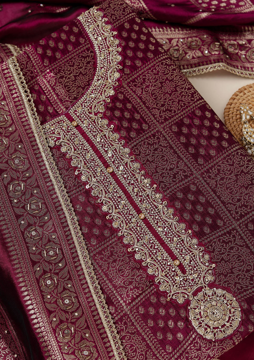 Wine Zariwork (Gold) Brocade Unstitched Salwar Suit_koskii