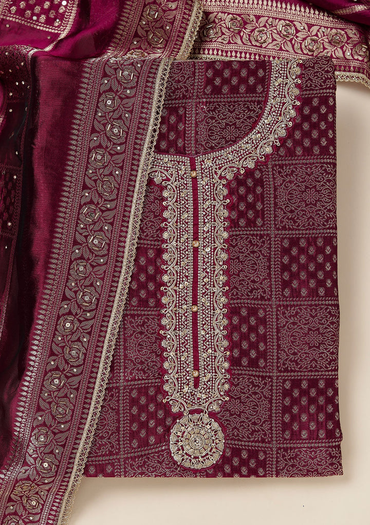 Wine Zariwork (Gold) Brocade Unstitched Salwar Suit_koskii