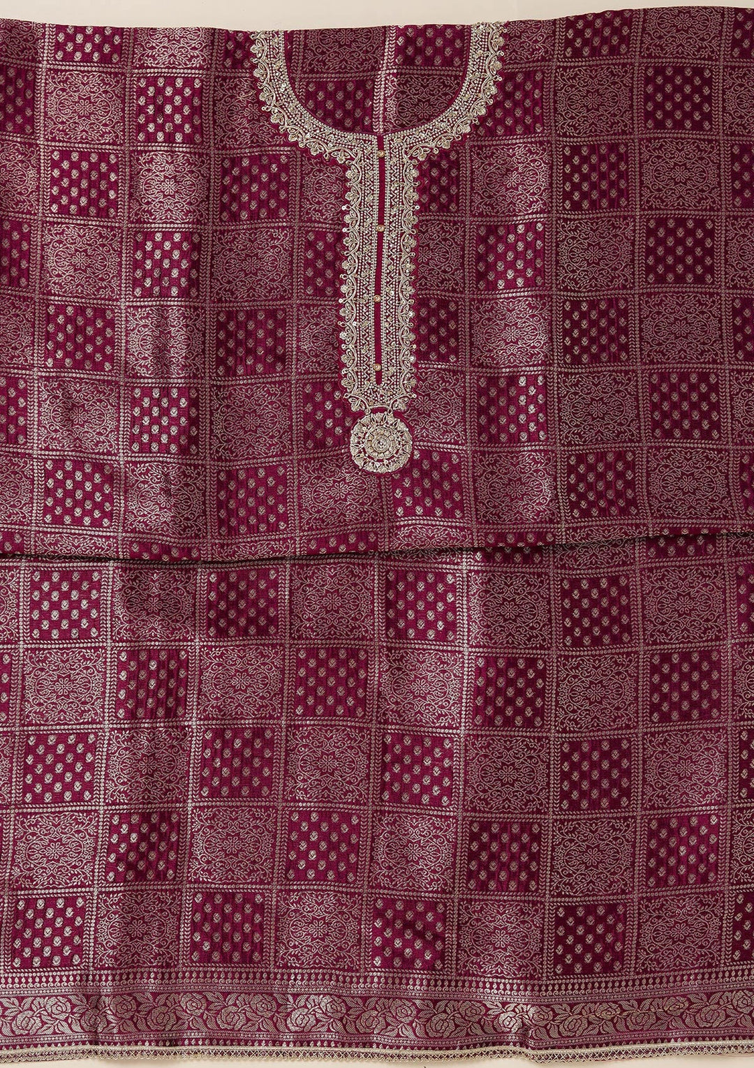 Wine Zariwork (Gold) Brocade Unstitched Salwar Suit_koskii