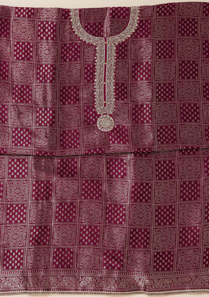 Wine Zariwork (Gold) Brocade Unstitched Salwar Suit_koskii