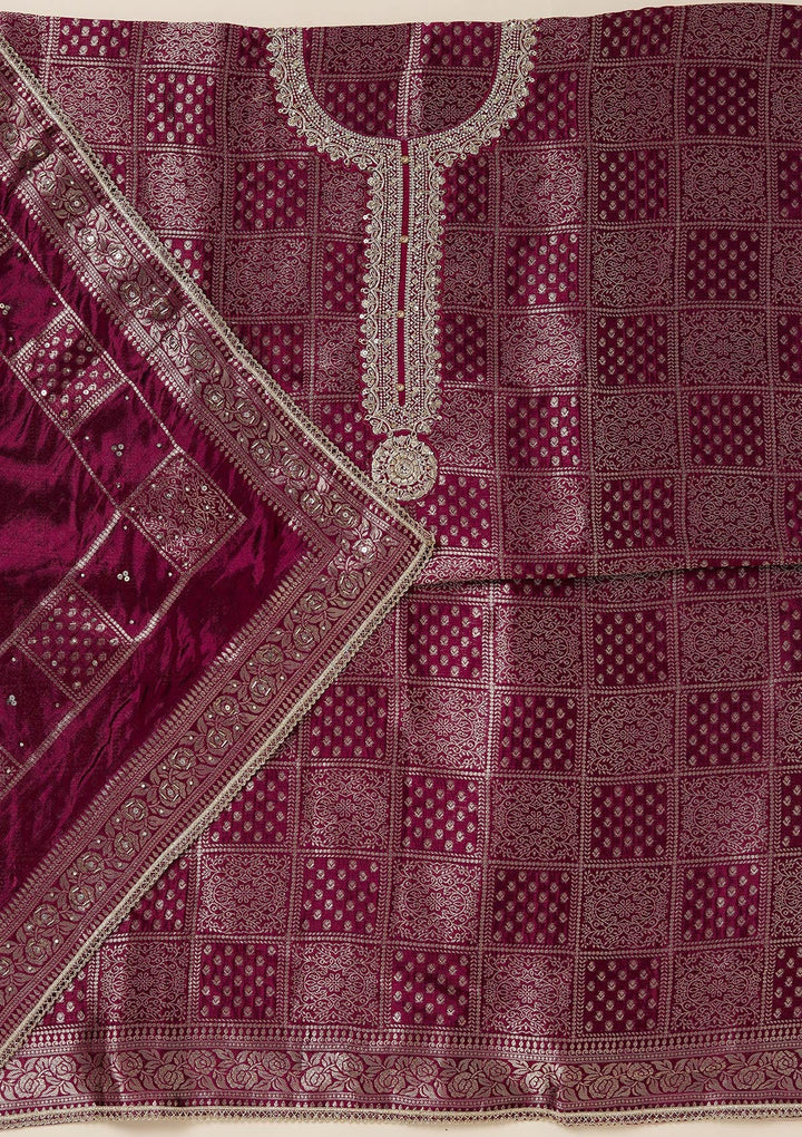 Wine Zariwork (Gold) Brocade Unstitched Salwar Suit_koskii