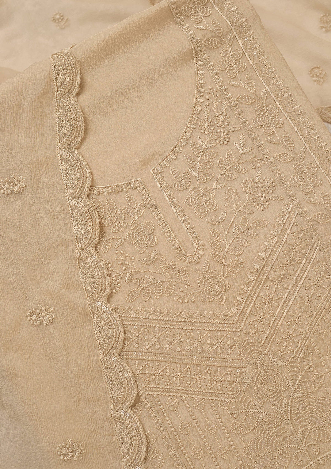 Beige Threadwork Chinon Unstitched Salwar Suit_koskii