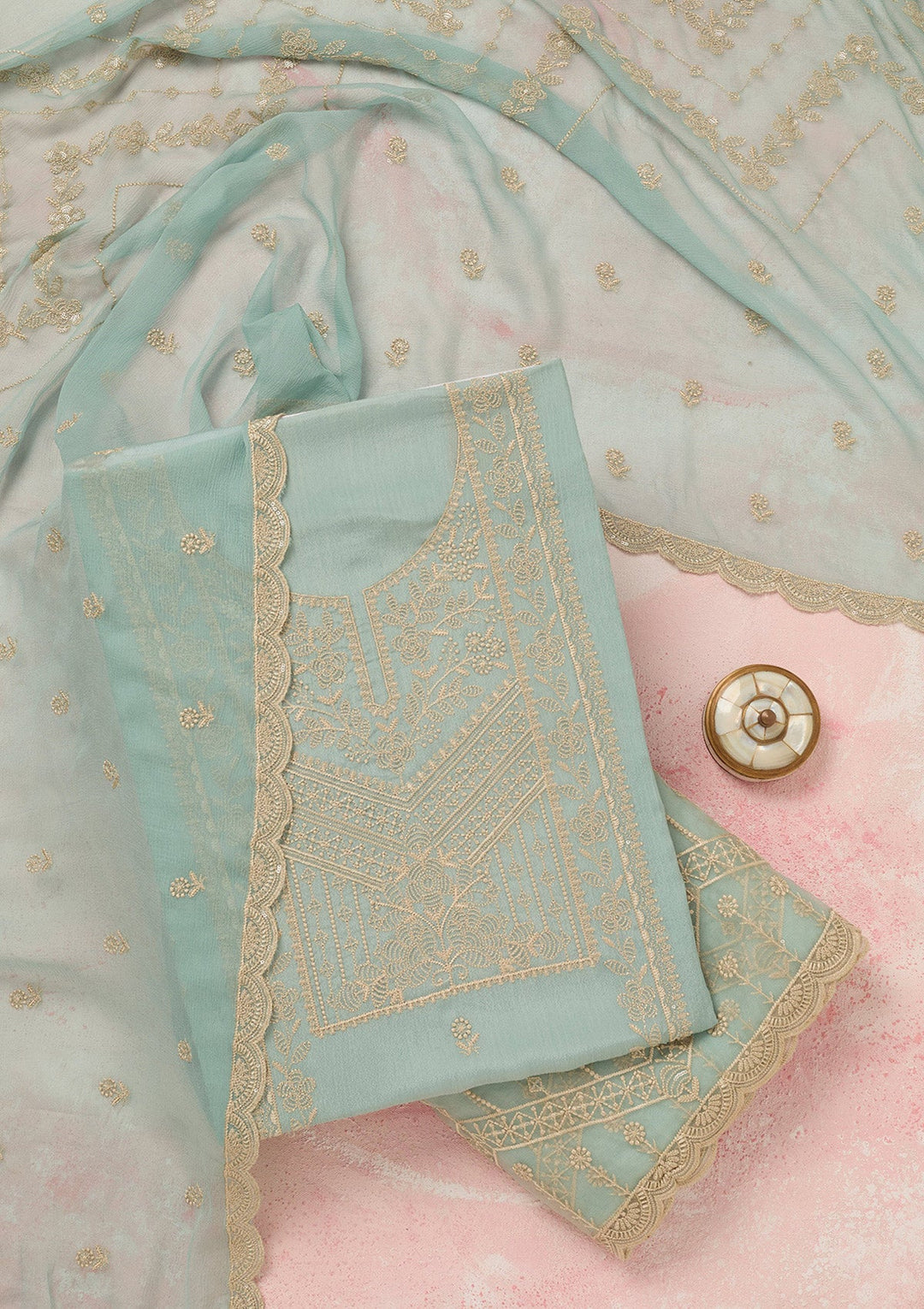 Sky Blue Threadwork Chinon Unstitched Salwar Suit_koskii