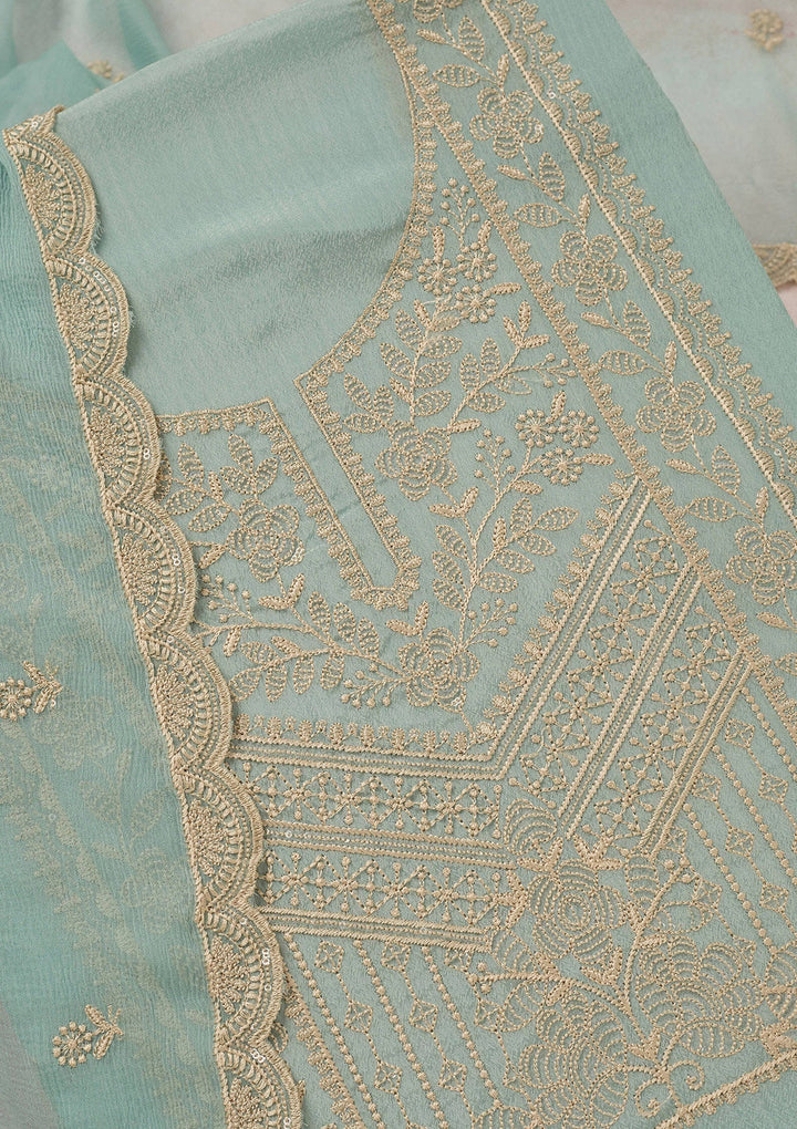Sky Blue Threadwork Chinon Unstitched Salwar Suit_koskii