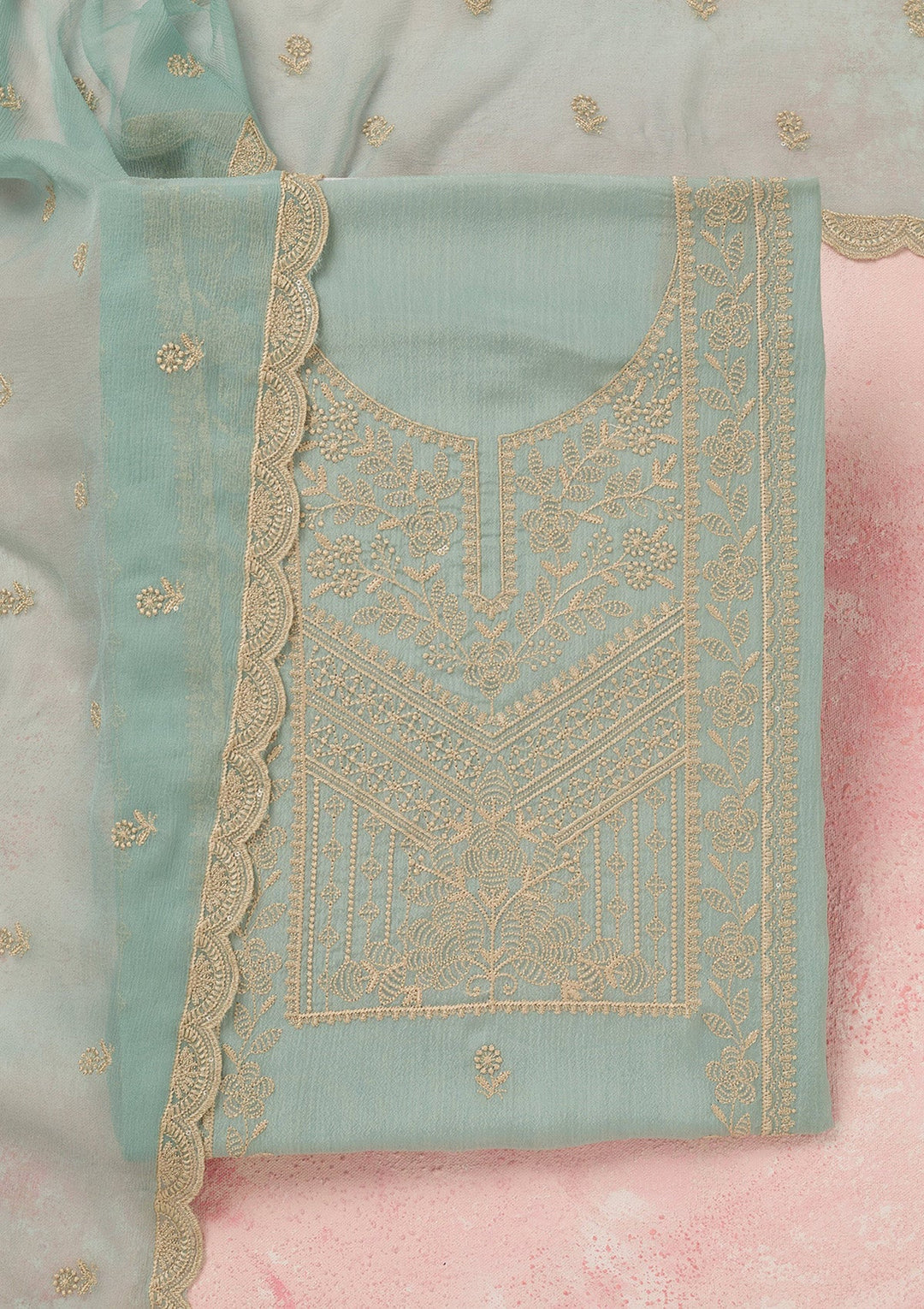Sky Blue Threadwork Chinon Unstitched Salwar Suit_koskii