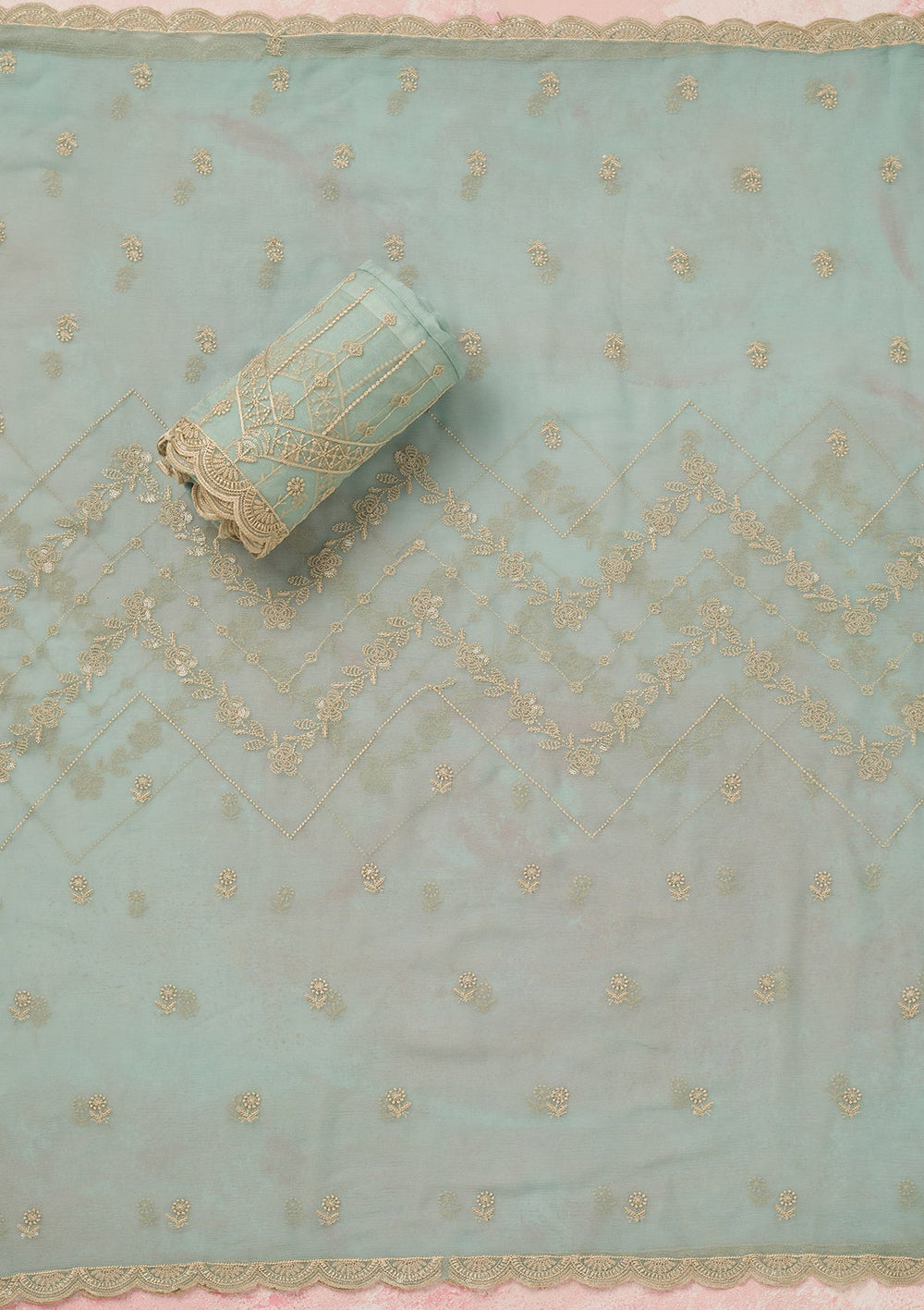 Sky Blue Threadwork Chinon Unstitched Salwar Suit_koskii