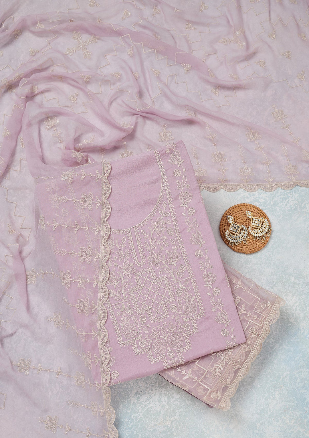 Lavender Threadwork Chinon Unstitched Salwar Suit-Koskii