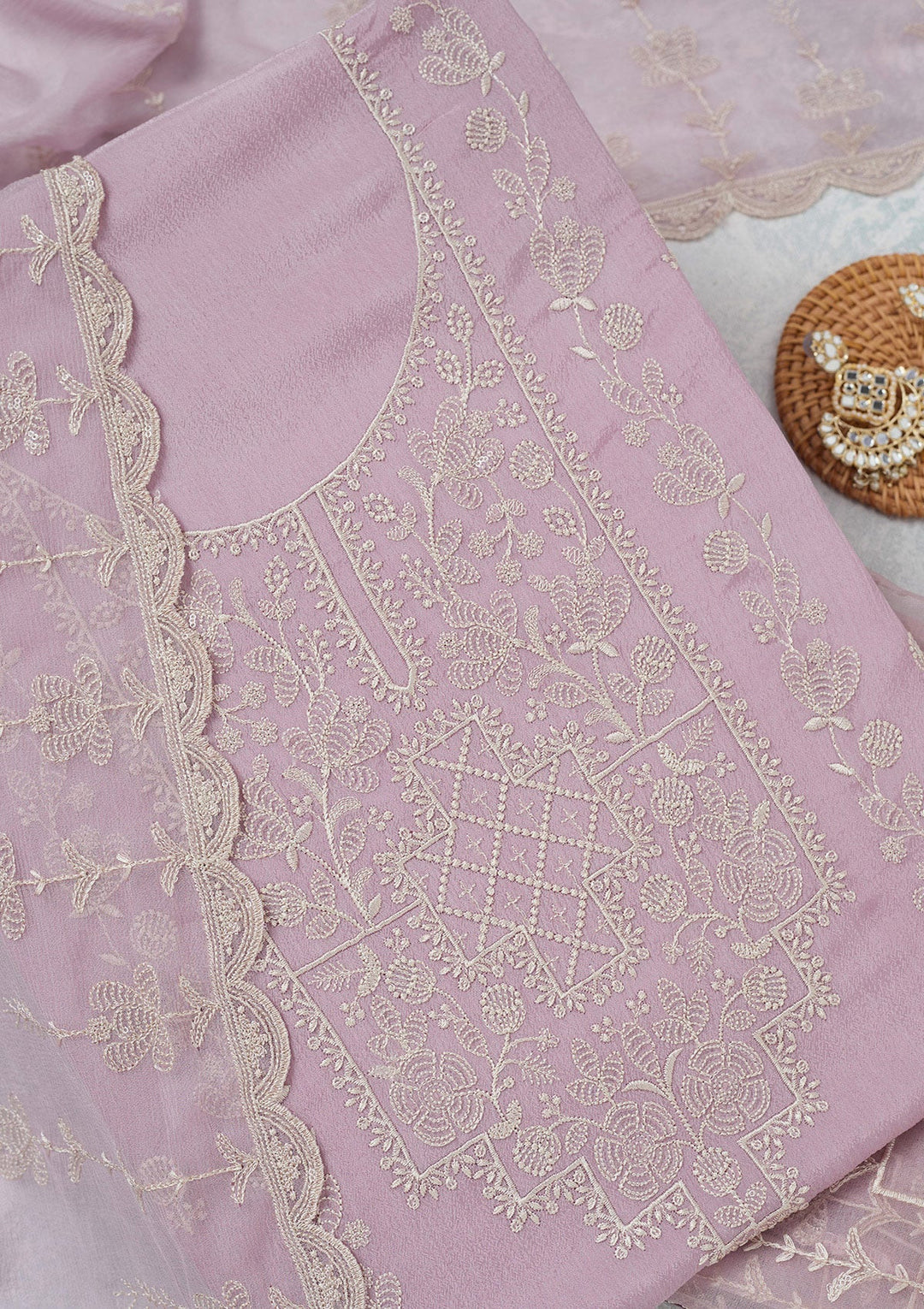 Lavender Threadwork Chinon Unstitched Salwar Suit-Koskii