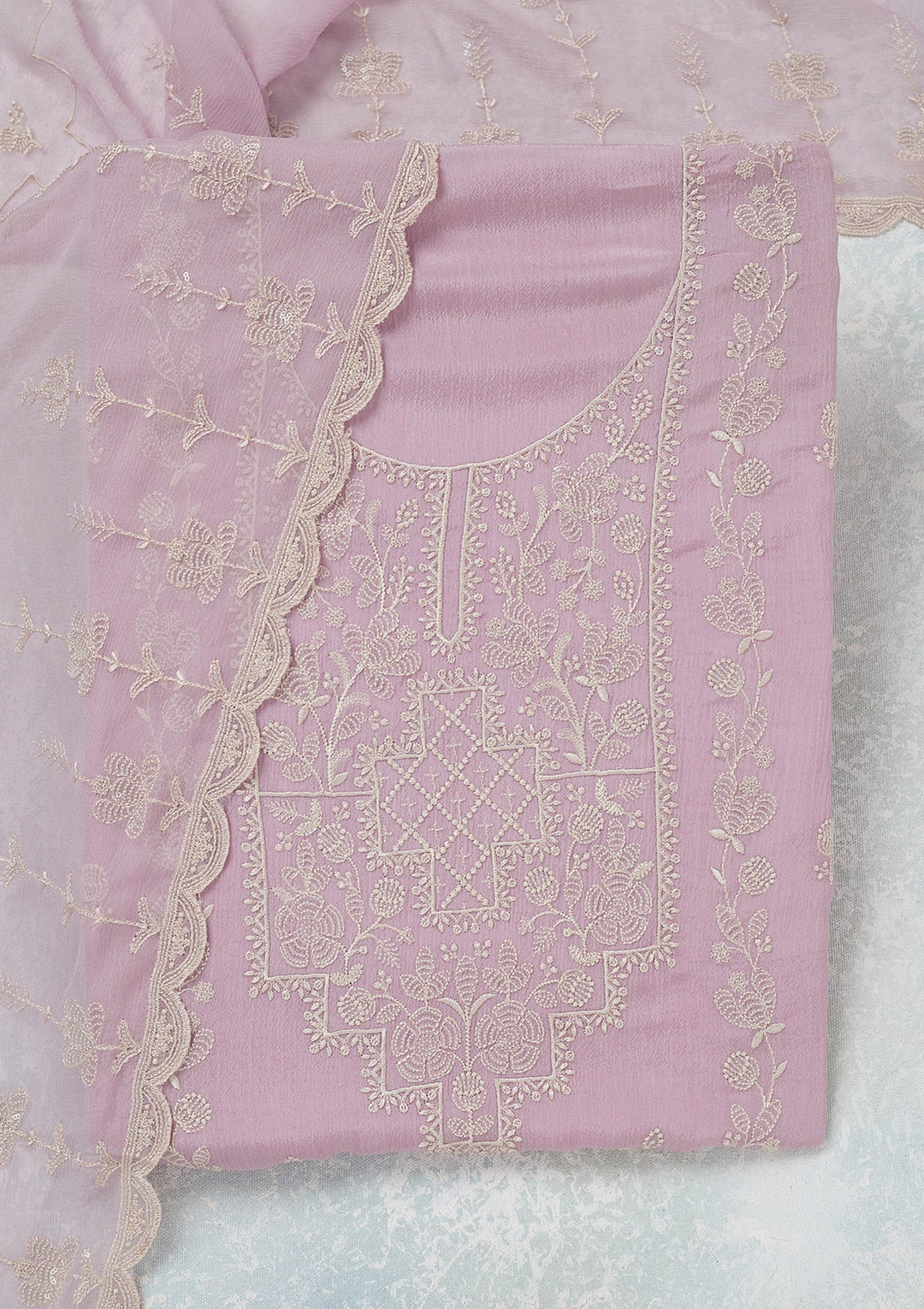 Lavender Threadwork Chinon Unstitched Salwar Suit-Koskii