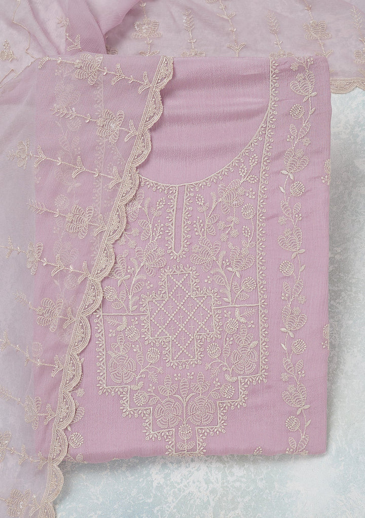 Lavender Threadwork Chinon Unstitched Salwar Suit-Koskii