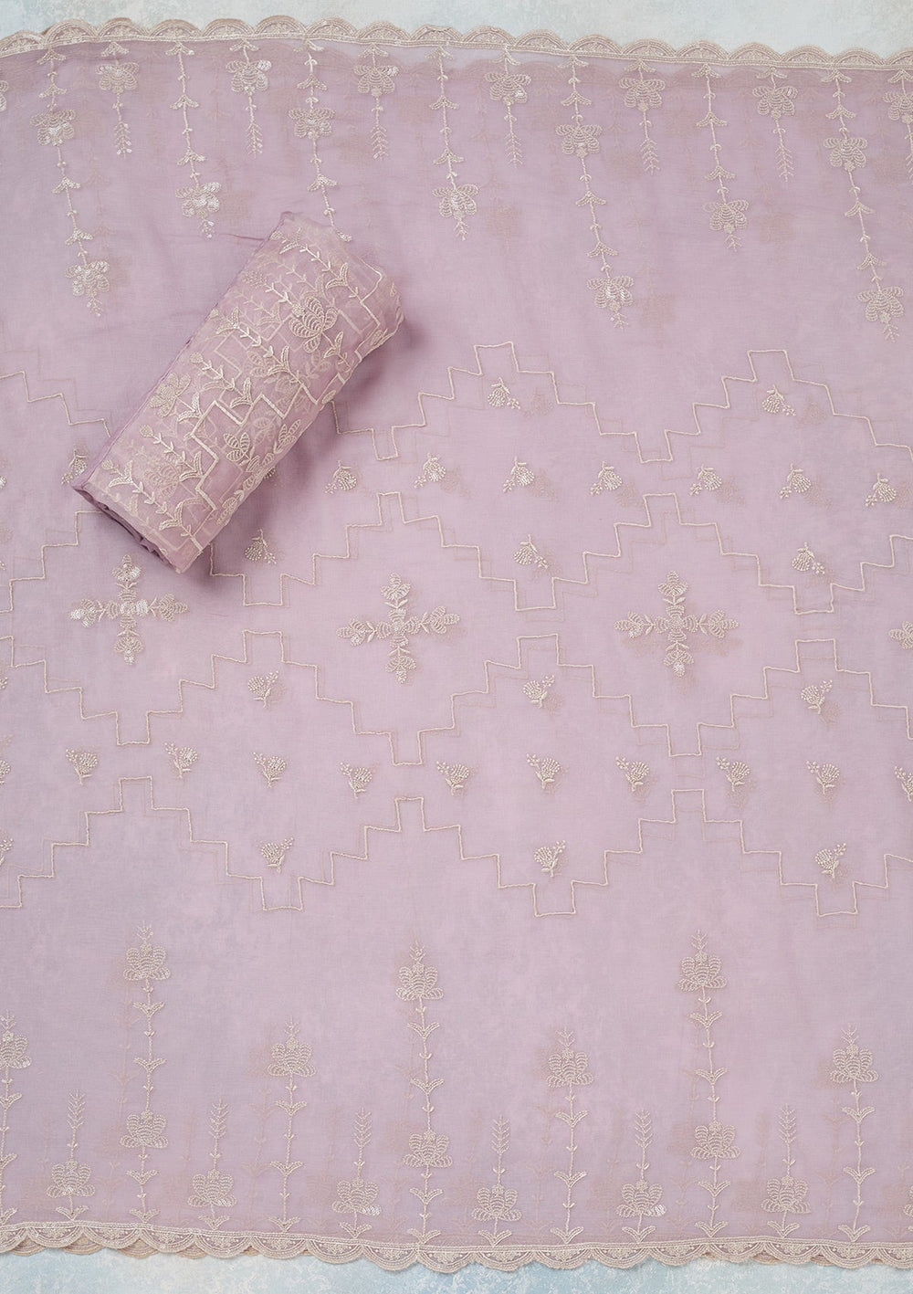 Lavender Threadwork Chinon Unstitched Salwar Suit-Koskii