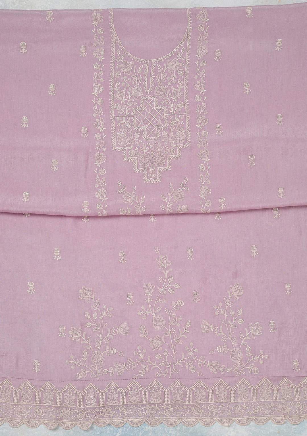Lavender Threadwork Chinon Unstitched Salwar Suit-Koskii