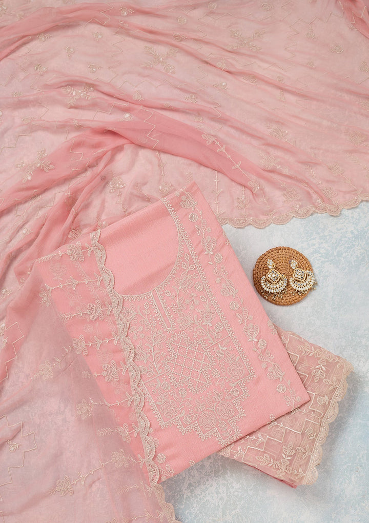 Pink Threadwork Chinon Unstitched Salwar Suit-Koskii