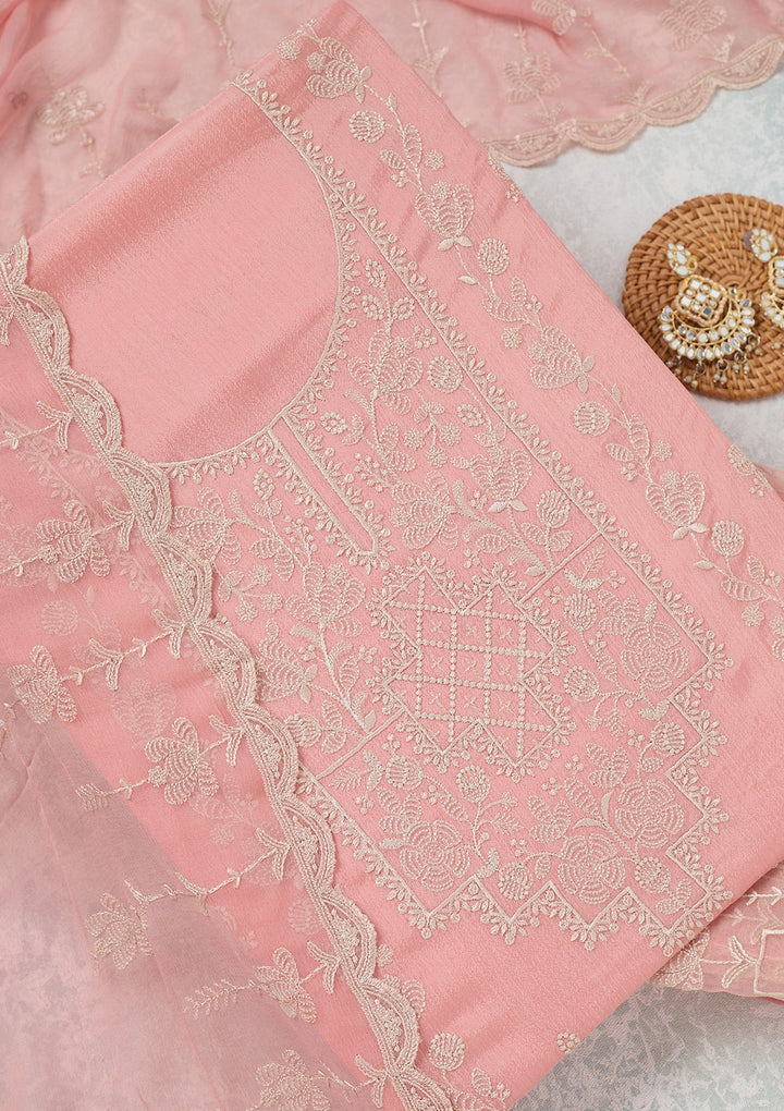 Pink Threadwork Chinon Unstitched Salwar Suit-Koskii