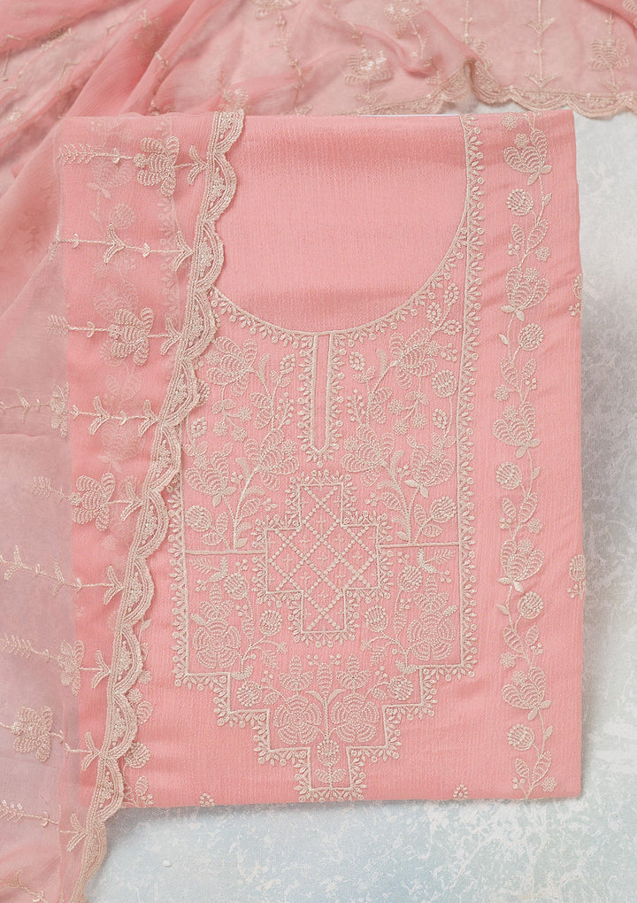 Pink Threadwork Chinon Unstitched Salwar Suit-Koskii