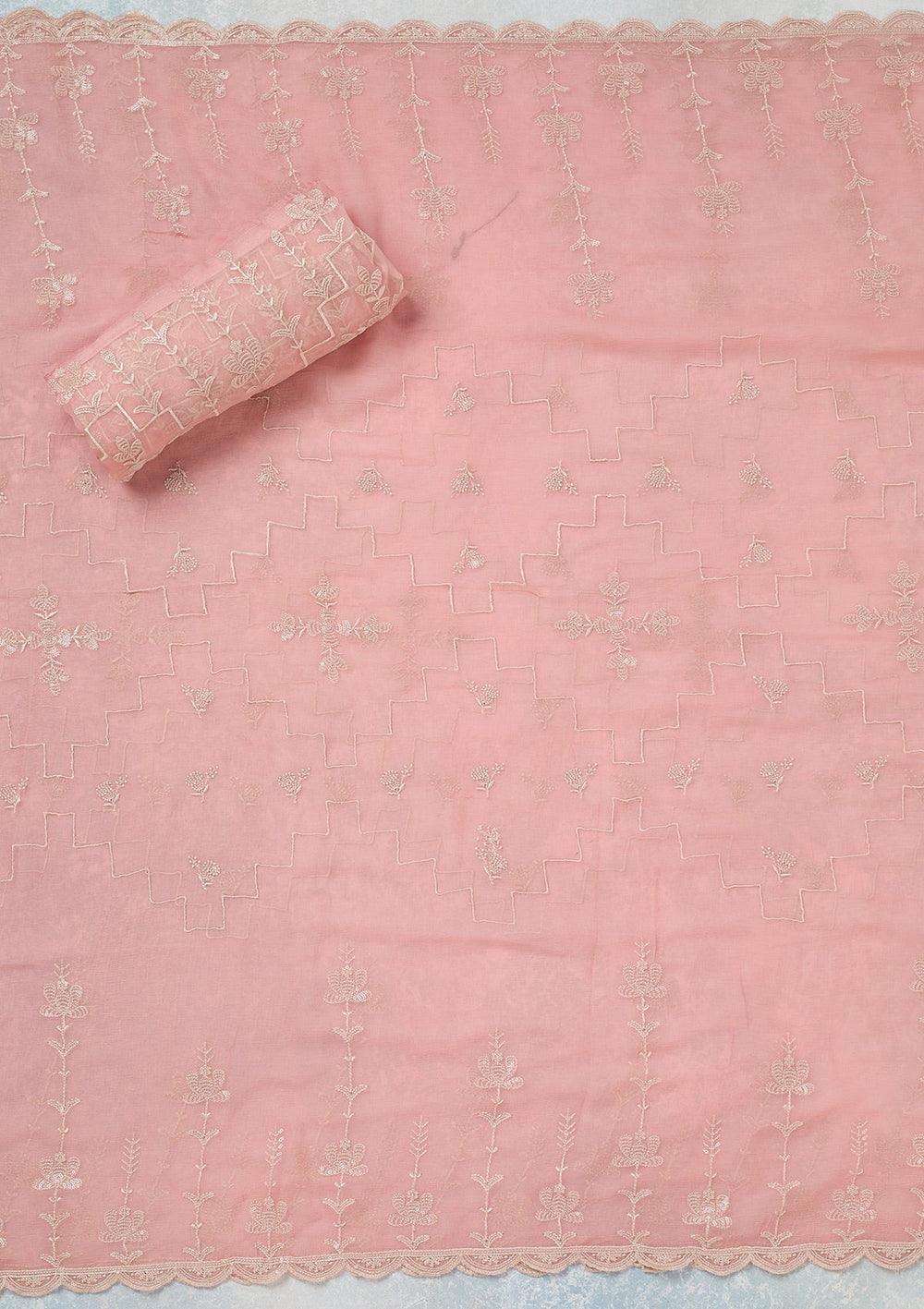 Pink Threadwork Chinon Unstitched Salwar Suit-Koskii