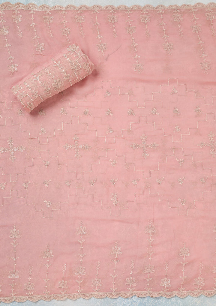 Pink Threadwork Chinon Unstitched Salwar Suit-Koskii