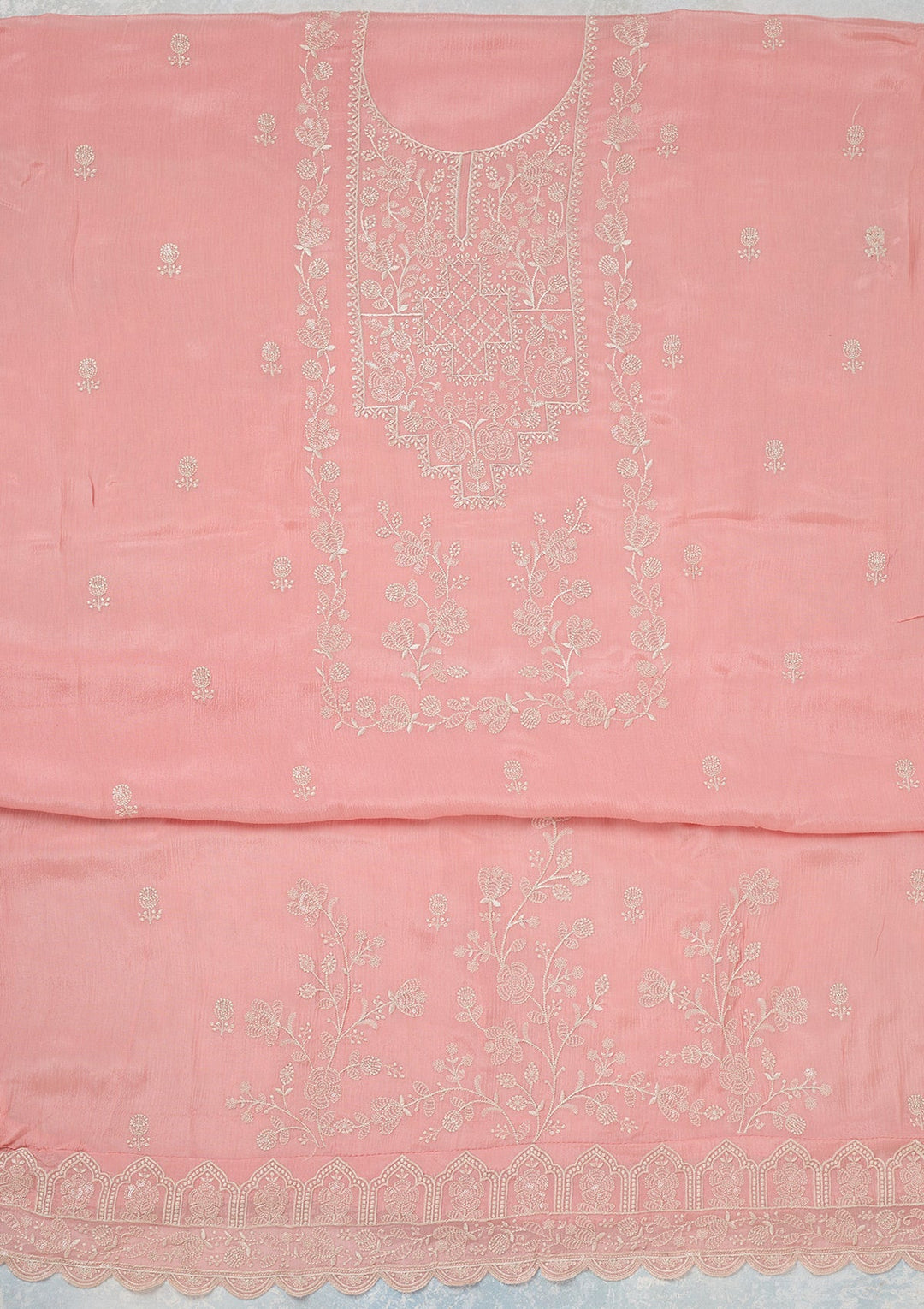 Pink Threadwork Chinon Unstitched Salwar Suit-Koskii