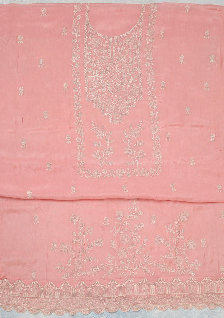 Pink Threadwork Chinon Unstitched Salwar Suit-Koskii