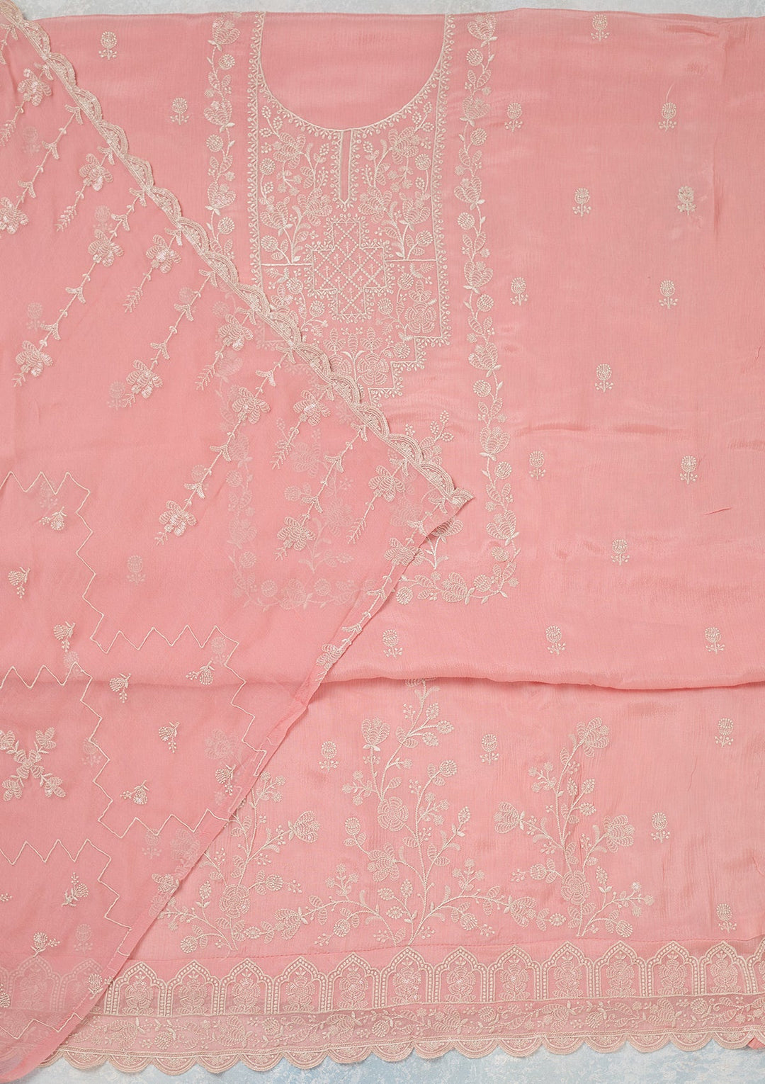 Pink Threadwork Chinon Unstitched Salwar Suit-Koskii