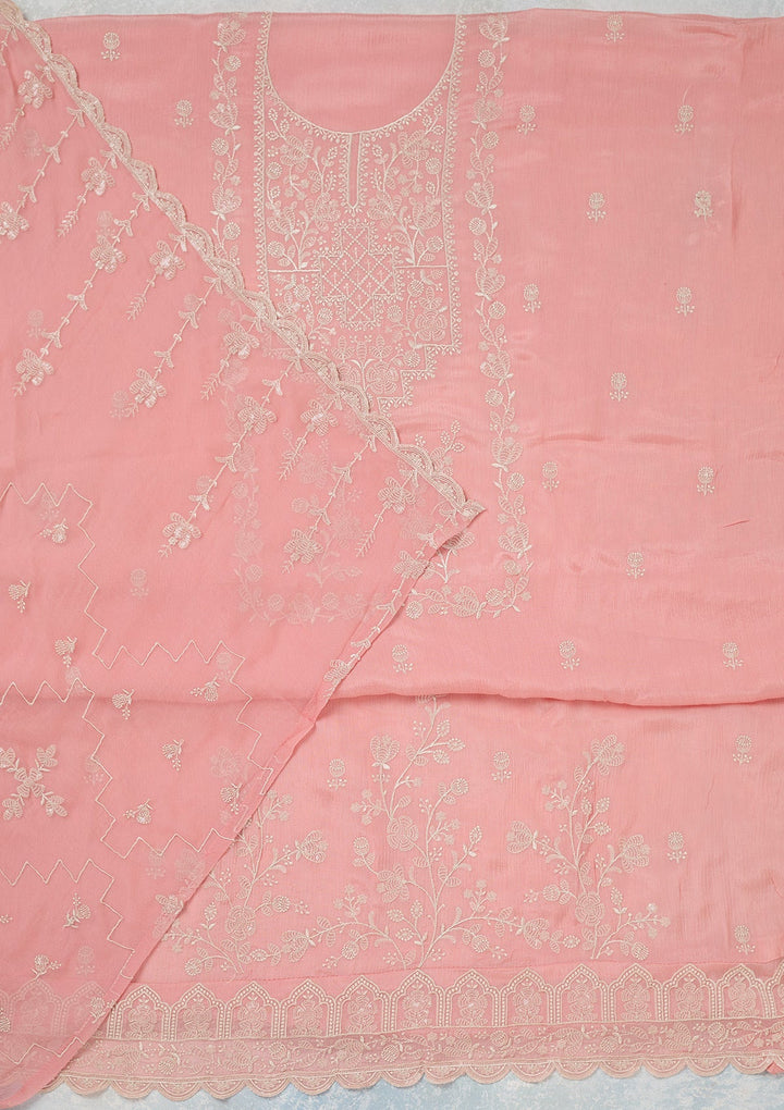 Pink Threadwork Chinon Unstitched Salwar Suit-Koskii