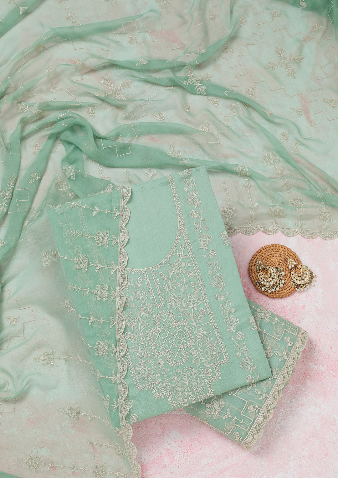 Sea Green Threadwork Chinon Unstitched Salwar Suit