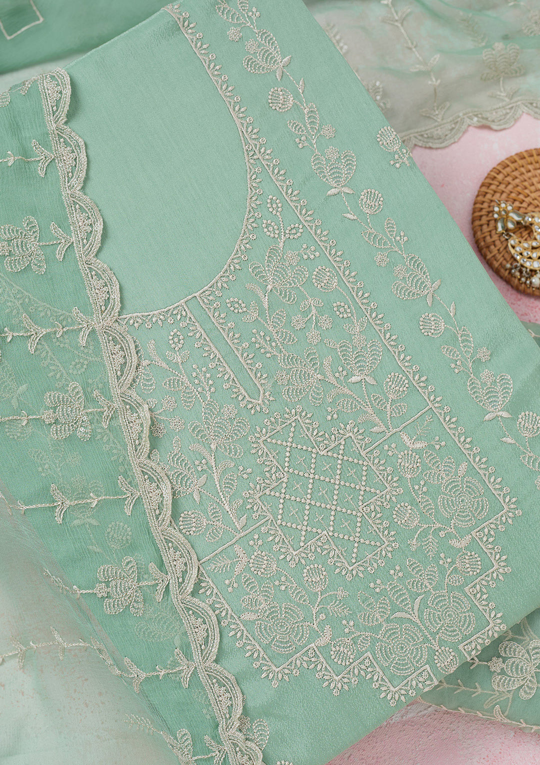 Sea Green Threadwork Chinon Unstitched Salwar Suit