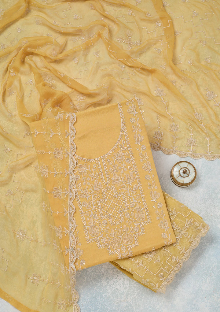Yellow Threadwork Chinon Unstitched Salwar Suit-Koskii