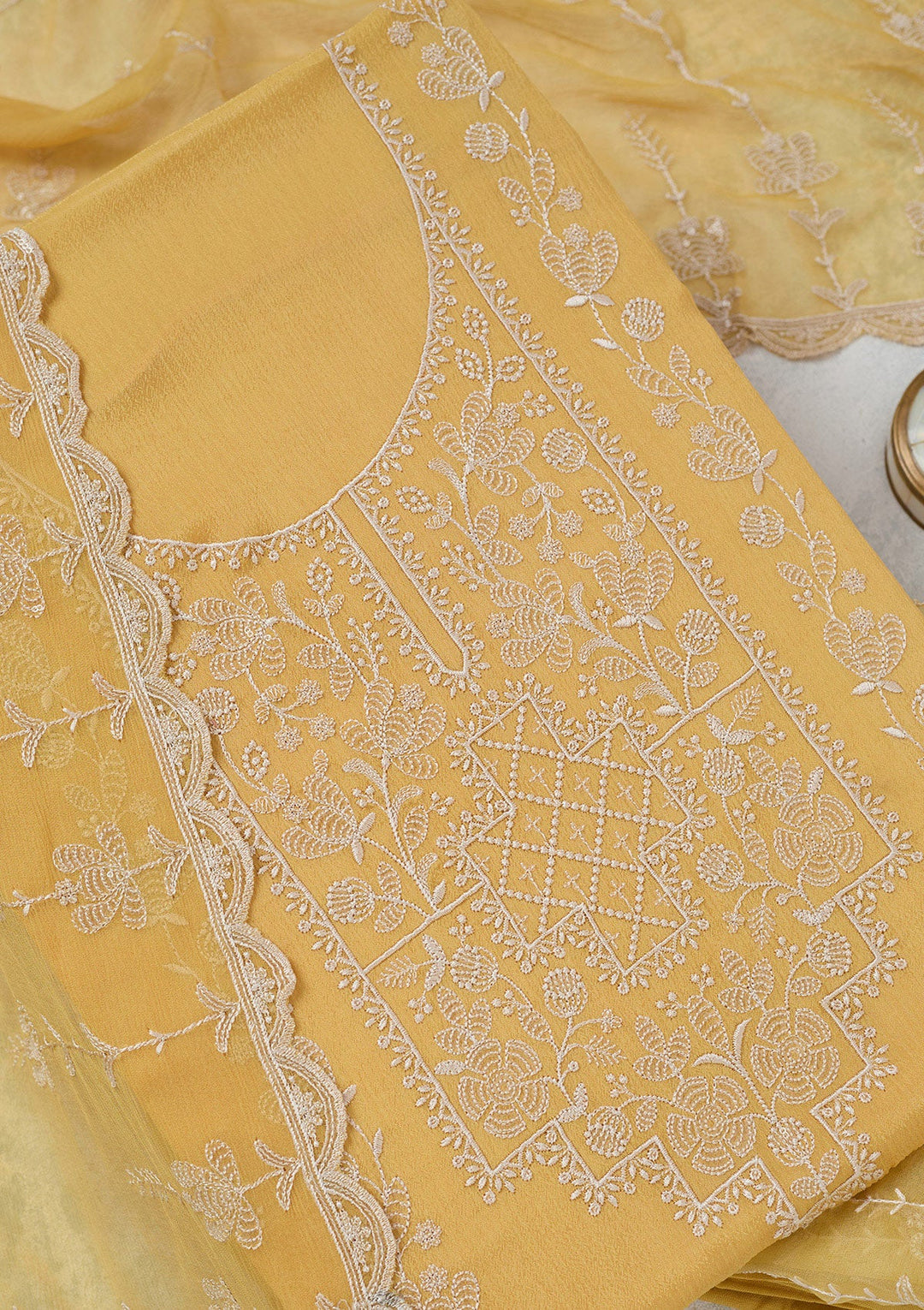 Yellow Threadwork Chinon Unstitched Salwar Suit-Koskii
