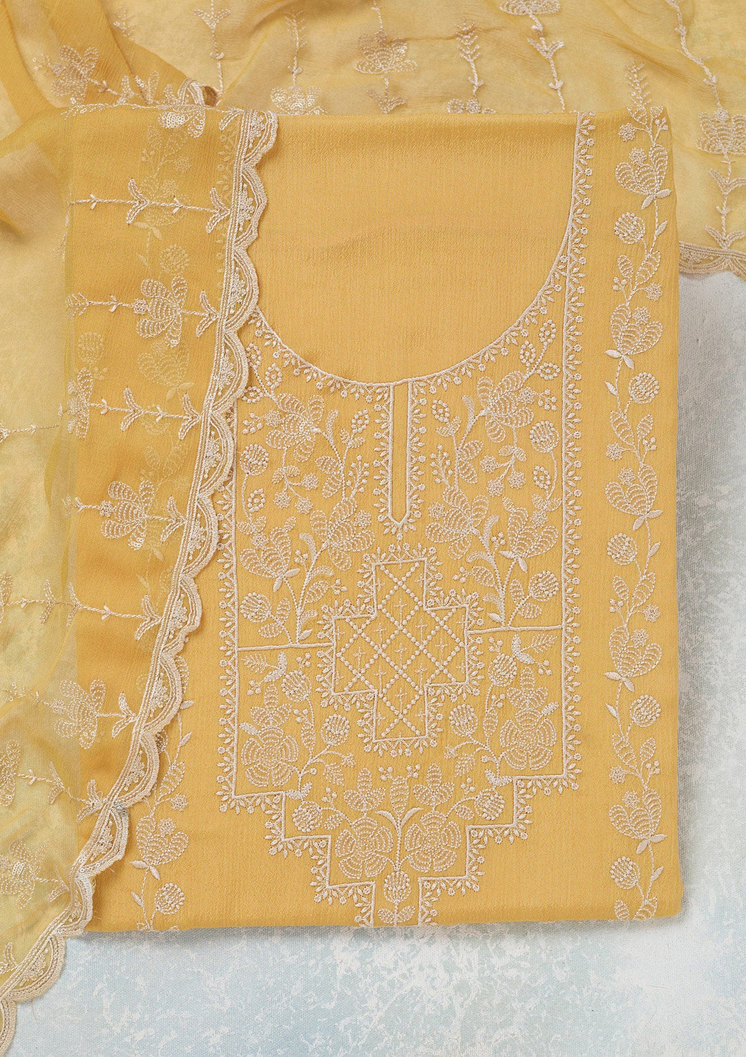 Yellow Threadwork Chinon Unstitched Salwar Suit-Koskii