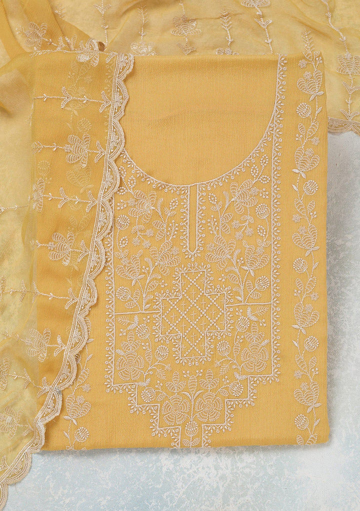 Yellow Threadwork Chinon Unstitched Salwar Suit-Koskii