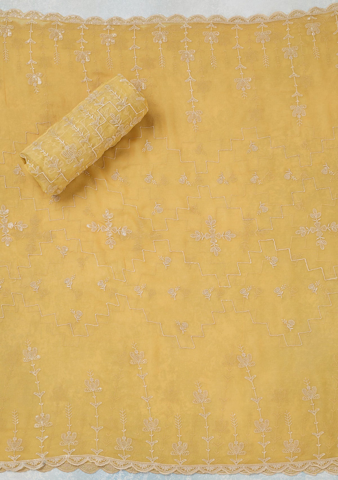 Yellow Threadwork Chinon Unstitched Salwar Suit-Koskii