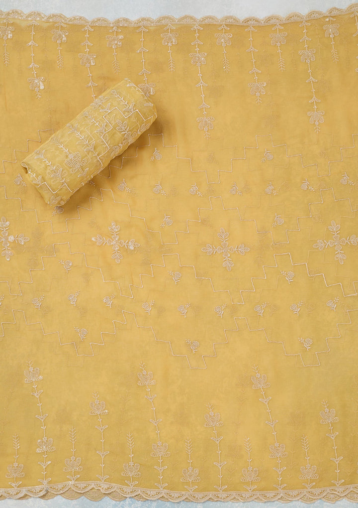 Yellow Threadwork Chinon Unstitched Salwar Suit-Koskii