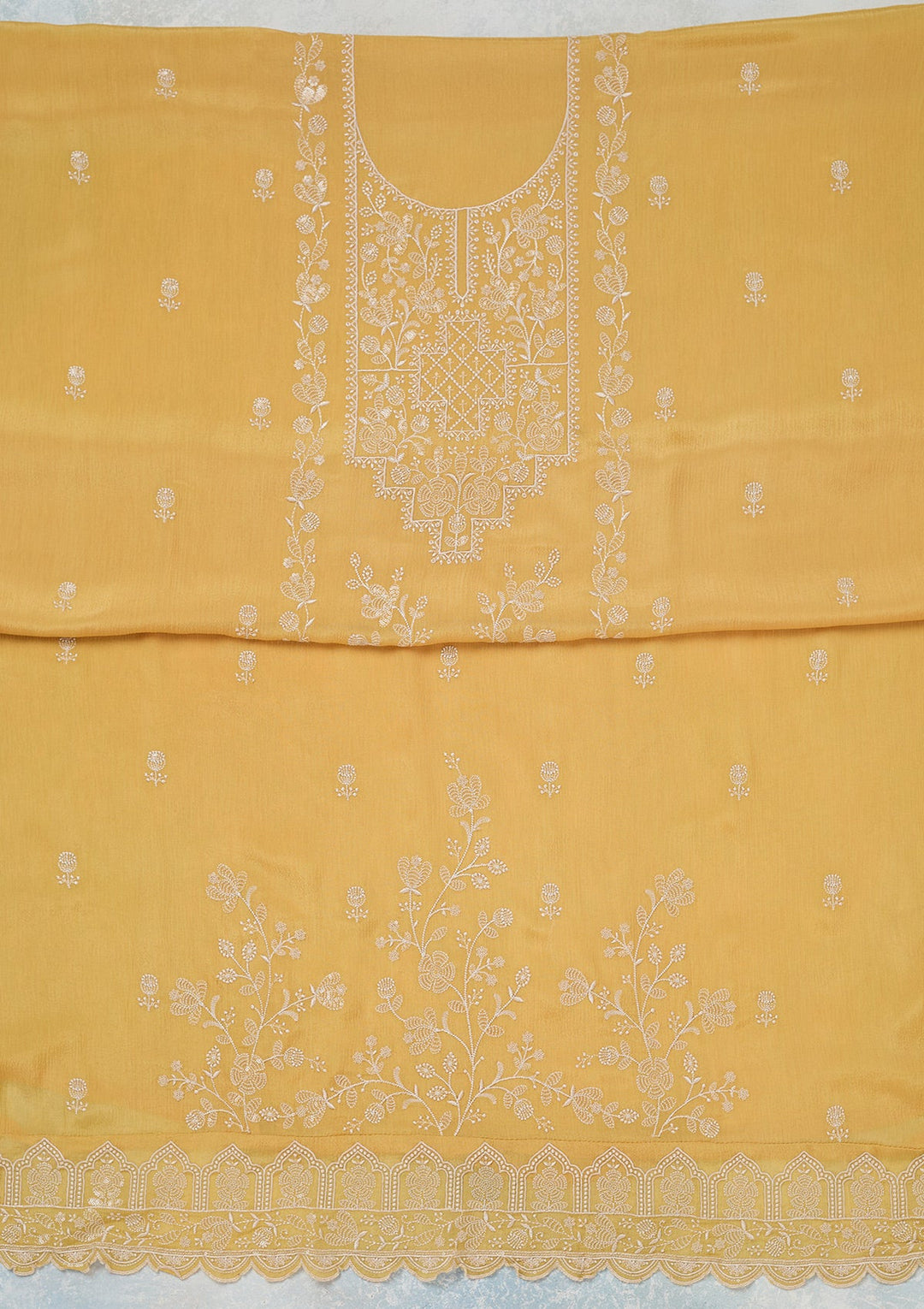 Yellow Threadwork Chinon Unstitched Salwar Suit-Koskii